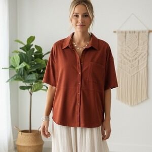 Sunday in Brooklyn Rust Red Faux Suede Snap Button Shirt Boho Earthy Western M